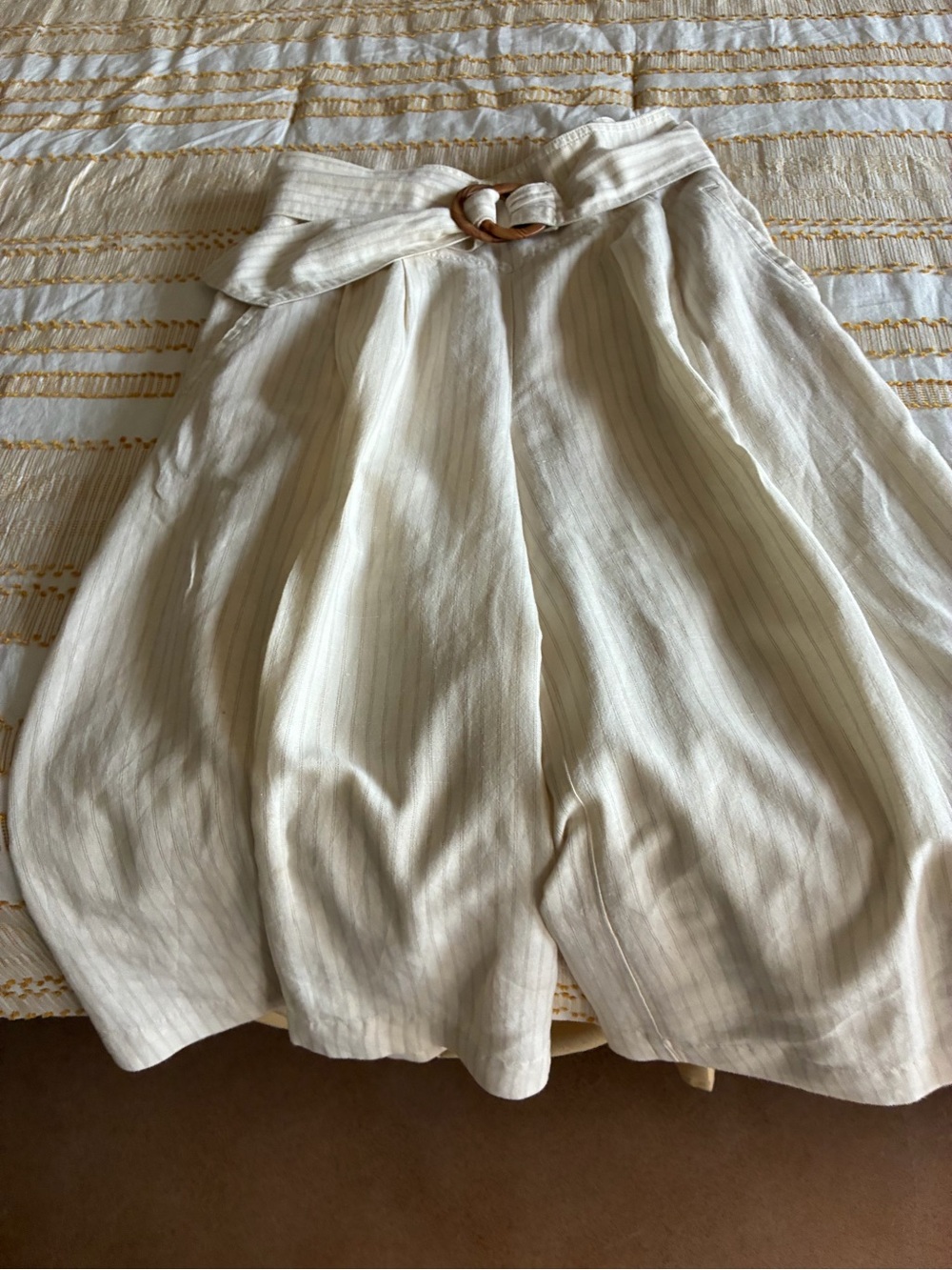 Anthropologie Cream Striped Linen-Blend Shorts with Belt